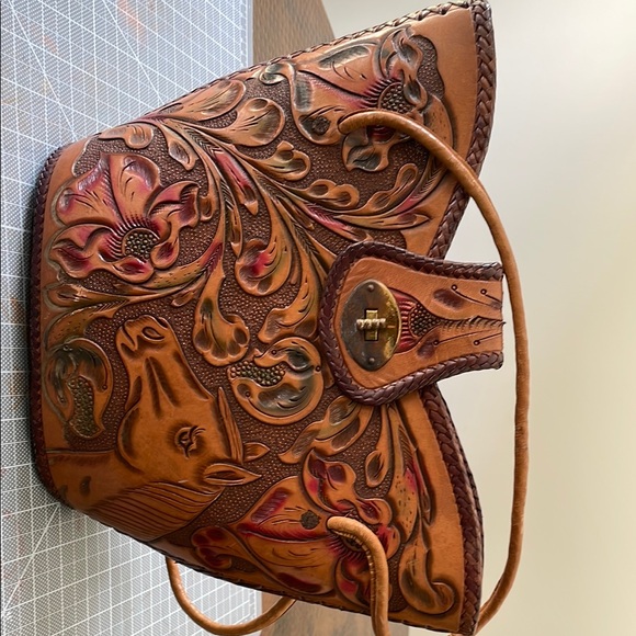 Hand Crafted Brown Leather Shoulder Bag with Vintage Tooling